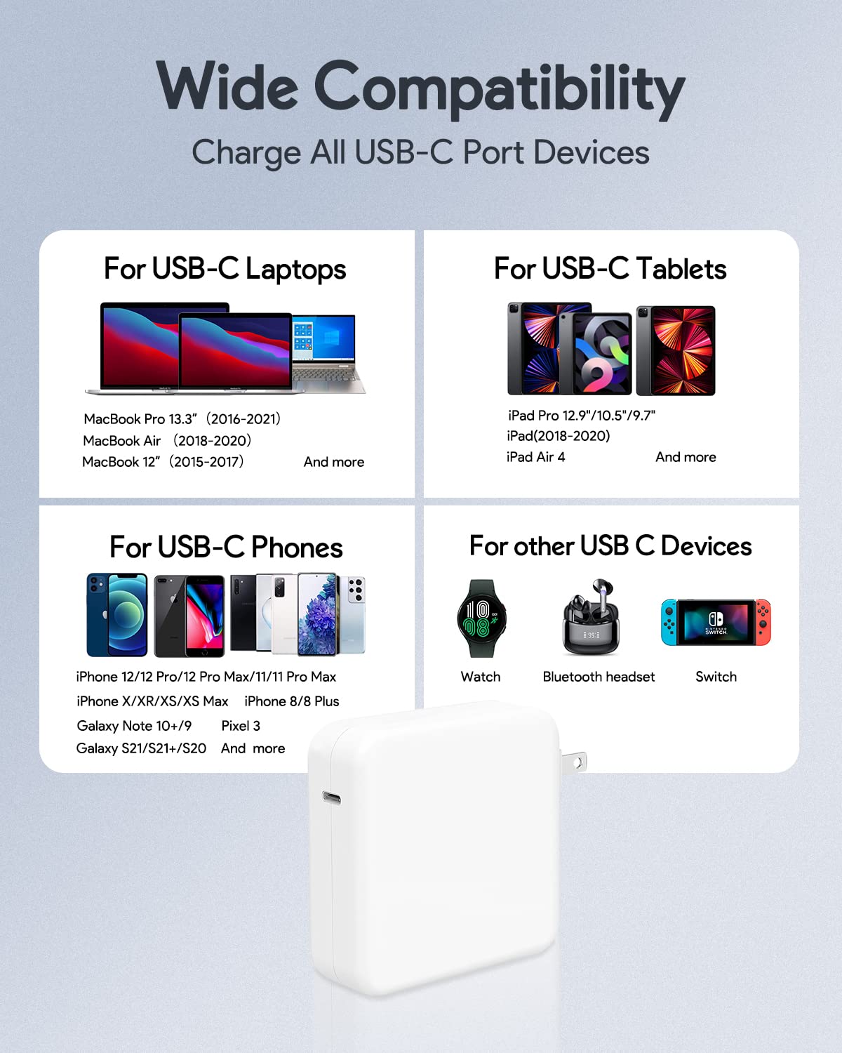 PARENIA Mac Book Pro Charger - 61W USB C Power Adapter Compatible with MacBook Pro 13 Inch 2016-2021, MacBook Air 13inch 2018-2021, New iPad Pro, and All USB C Device, 6.6ft USB C to C Cable