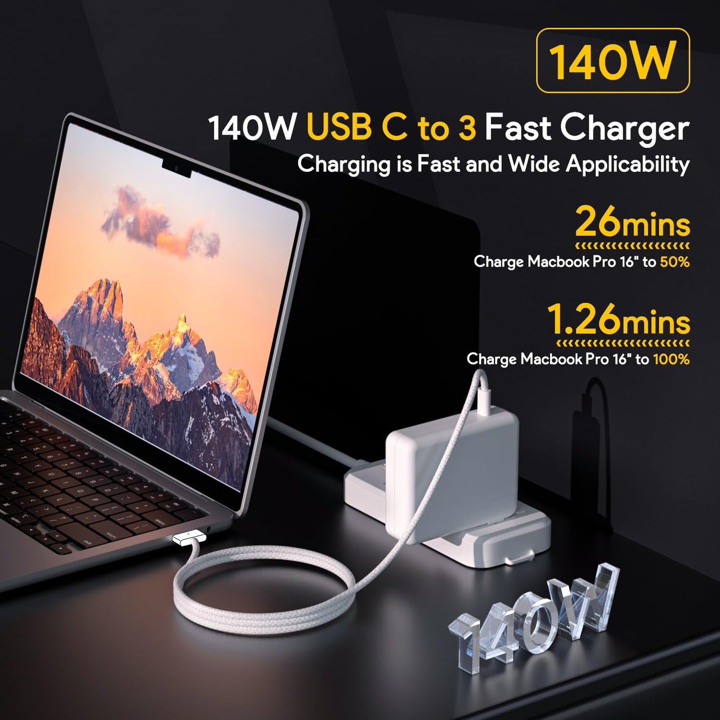 140W Mac Book Pro Charger,Compatible with Pro(16 inch 2021-2023)&(14 inch 2023),Air (13-15 inch 2021-2024),Include a USB C to T -Tip 3 Magnetic Braided Cable(6.6FT/2M)