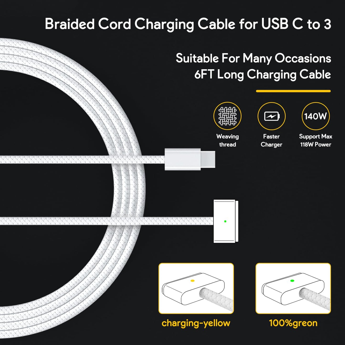 140W Mac Book Pro Charger,Compatible with Mac Book Pro 16 inch 2021-2023,Mac Book Pro 14 inch 2023,Mac Book Air 13 14 15 inch 2021-2024,Include a USB C toT -Tip 3 Magnetic Braided Cable(6.6FT/2M)