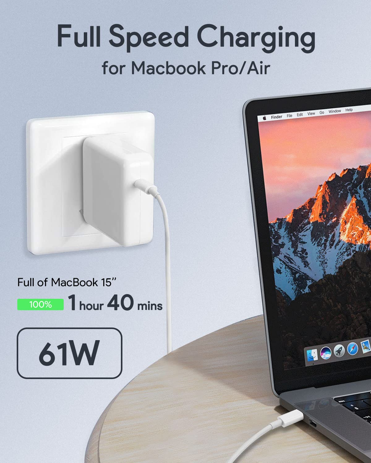 PARENIA Mac Book Pro Charger - 61W USB C Power Adapter Compatible with MacBook Pro 13 Inch 2016-2021, MacBook Air 13inch 2018-2021, New iPad Pro, and All USB C Device, 6.6ft USB C to C Cable